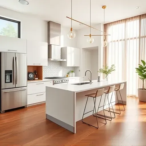 Renovated kitchen in West Palm Beach with modern cabinetry, quartz countertops, and large windows for natural light.