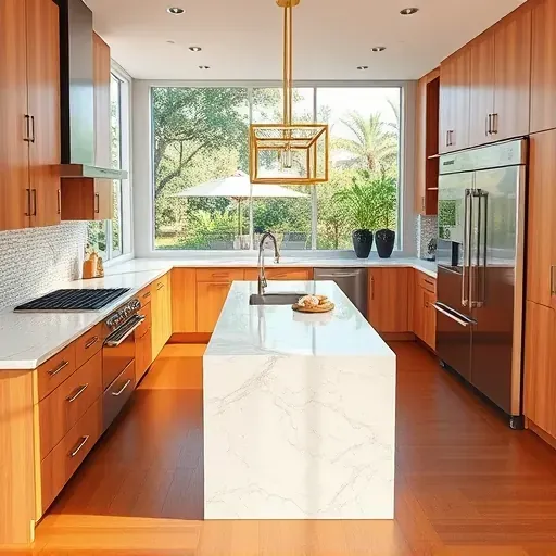 Renovated Lake Worth, FL kitchen with quartz countertops, stainless appliances, wooden cabinetry, island, mosaic backsplash.