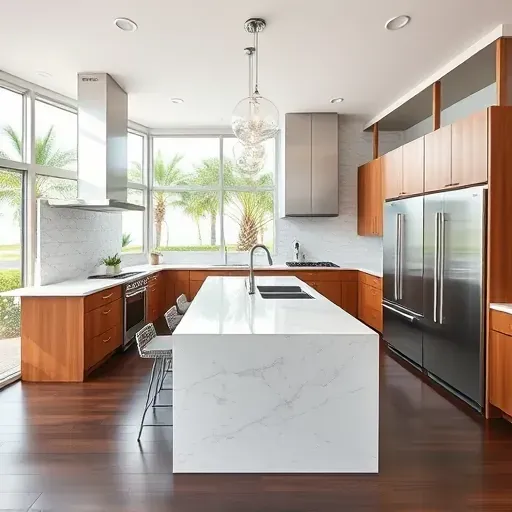 Renovated Old Palm, FL kitchen featuring white marble countertops, warm wood cabinetry, stainless steel appliances, and lush outdoor views.