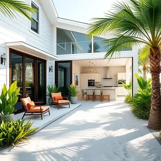 Elegant coastal home in Jupiter Inlet Colony, FL, featuring soft siding, dark wood accents, and lush tropical landscaping.