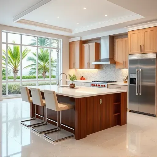 Remodeled Boynton Beach kitchen with quartz countertops, stainless steel appliances, tropical views, and coastal decor.