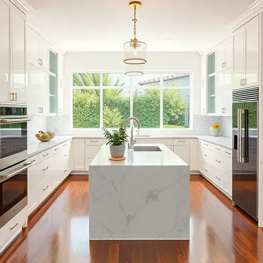 Remodeled Palm Beach kitchen with white cabinets, stainless steel appliances, quartz countertops, and lush backyard view.
