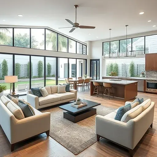 Entire home remodeling in Frenchmans Creek, FL, featuring a stylish open-concept living space, gourmet kitchen, and serene outdoor area.