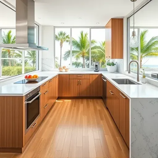 Modern remodeled Hobe Sound, FL kitchen with quartz countertops, stainless appliances, custom wood cabinets, and tropical views.