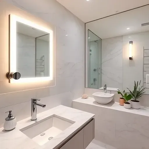Modern Florida bathroom with sleek chrome fixtures, warm LED lighting, marble countertops, coastal decor, and elegant tiled walls.