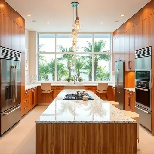 Remodeled modern West Palm Beach kitchen with warm wood cabinets, granite countertops, stainless steel appliances, and tropical views.