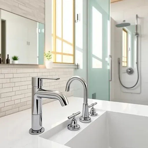 Pristine bathroom with modern chrome fixtures, polished pipes, marble countertops, glass shower, and natural sunlight.