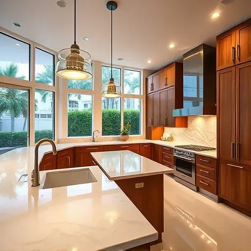 Bright Jupiter, FL kitchen with modern LED lighting, sleek countertops, stylish island, natural stone backsplash, lush greenery outside.