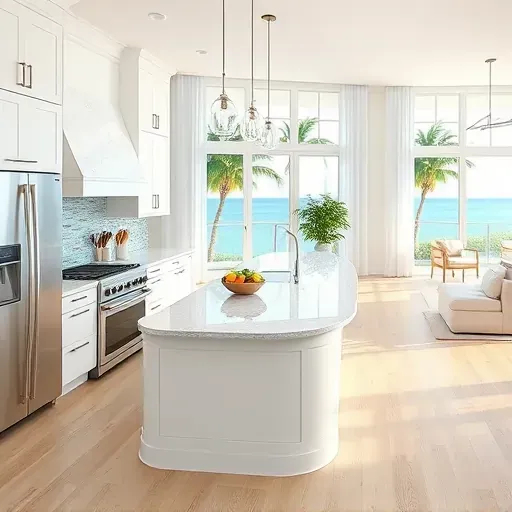 Remodeled Palm Beach Shores kitchen with white cabinets, stainless steel appliances, quartz countertops, coastal decor, and ocean view.