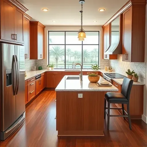 Modern remodeled Mirasol, FL kitchen with wooden cabinets, stainless steel appliances, granite island, and natural light.