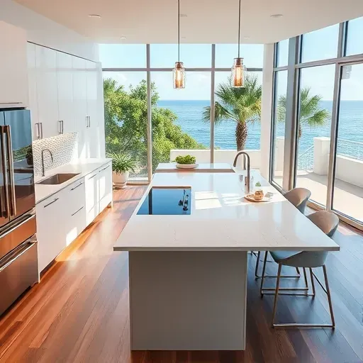 Recently remodeled Juno Beach kitchen featuring modern cabinetry, marble countertops, large windows, and ocean views.
