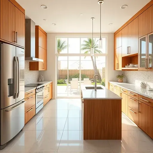 Renovated Delray Beach kitchen with modern wood cabinets, stainless appliances, granite island, coastal accents, and lush backyard view.