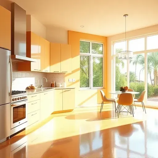 Bright, modern Jupiter kitchen with freshly painted warm walls, sleek cabinets, granite countertops, stainless steel appliances, and natural sunlight.