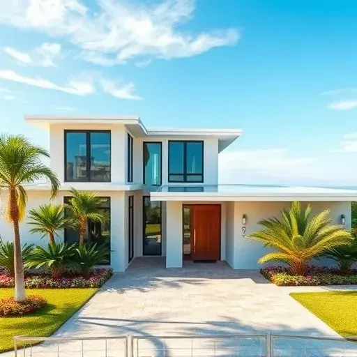 Modern home remodel in Ocean Ridge, FL, featuring large windows, vibrant landscaping, and a serene coastal ambiance.