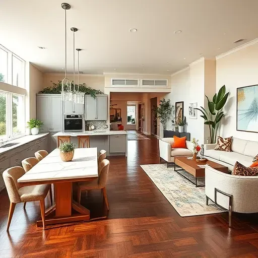 Contemporary open-concept living space in Manalapan, FL, featuring a modern kitchen, dining area, and cozy living room.