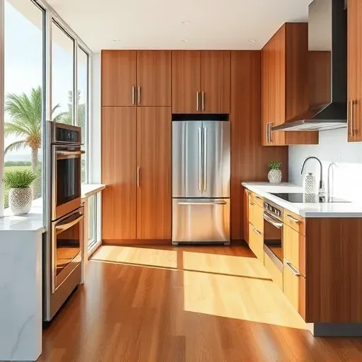 Renovated Hypoluxo Island kitchen with modern wood cabinets, white countertops, marble backsplash, and stainless steel appliances.