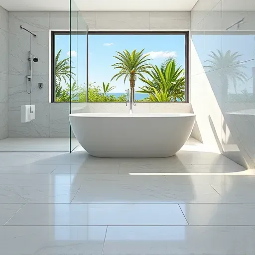 Elegant modern bathroom in Jupiter, FL with natural stone-patterned tiles, sleek fixtures, and lush coastal views.