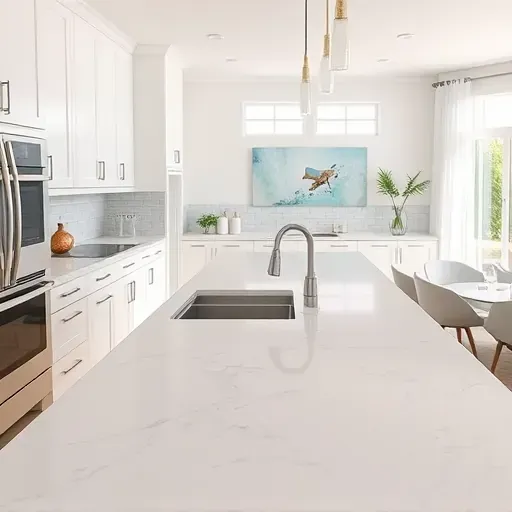 Modern Jupiter kitchen with white cabinetry, stainless steel appliances, gray subway tile backsplash, and natural light.