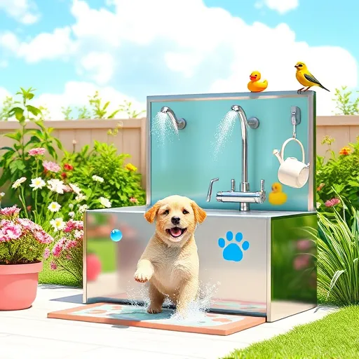 A bright, modern pet washing station situated in a cheerful backyard with lush green grass, blooming flowers, and a sunny sky. The station features a sleek stainless steel and eco-friendly bamboo design, equipped with bubble tanks, gentle fountain sprays, and whimsical touches such as tiny crown-shaped shower heads and washable paw print mats. Playful elements include floating rubber duckies and colorful soap bubbles drifting through the air. In the scene, an energetic dog with a joyful expression is being washed, splashing water and foam in a lively yet controlled manner that emphasizes cleanliness and fun. Soft, vibrant lighting highlights the glossy surfaces and pastel-colored details like pinks, blues, yellows, and greens, evoking freshness and ease. Additional charming touches include a small watering-can and a cheerful bird perched nearby, enhancing the scene's approachable, eco-conscious atmosphere—perfect for a blog cover on innovative pet washing stations and outdoor pet care solutions.