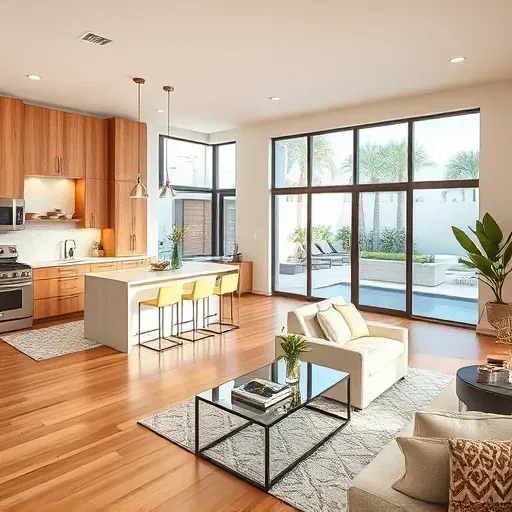 Whole-home remodeling in Delray Beach, FL, showcasing a modern open-concept living space with sleek designs and natural light.