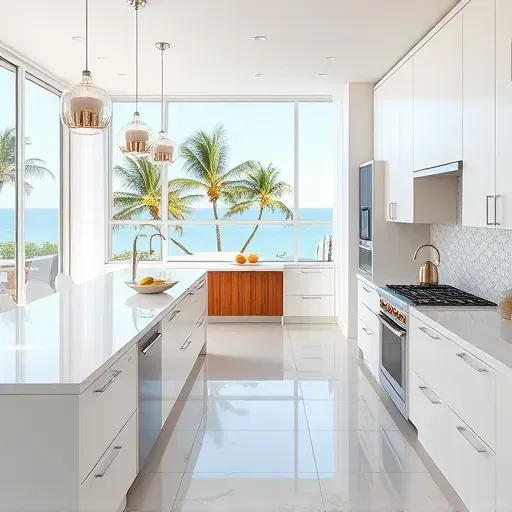 Modern Delray Beach kitchen with quartz counters, stainless appliances, wood accents, and coastal Ocean views.