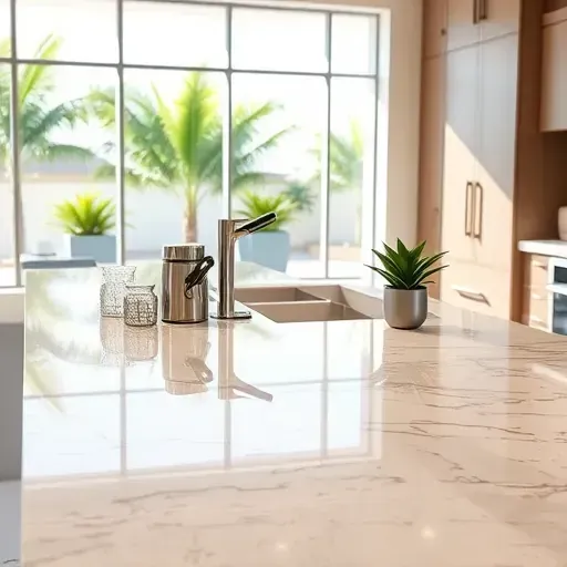 Modern Jupiter, Florida kitchen with polished granite, stainless appliances, lush outdoor view, sleek cabinetry, and stylish decor.