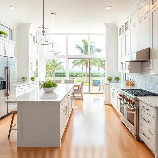 Modern kitchen remodel in Jupiter Island, FL, with quartz counters, stainless appliances, custom cabinetry, and natural light.