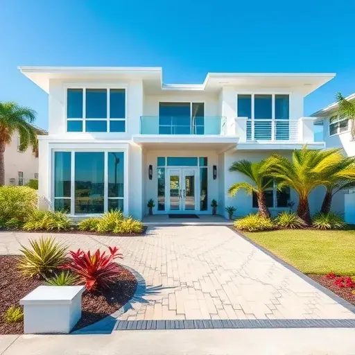 Whole-home remodeling in Highland Beach, FL, featuring a coastal facade, landscaped garden, and elegant entryway.