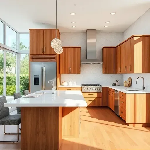 Beautiful renovated Jupiter, FL kitchen with quartz countertops, warm wood cabinets, stainless steel appliances, and natural light.