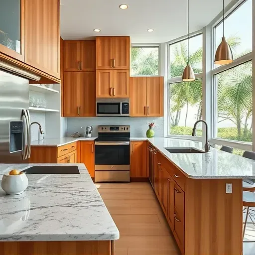 Renovated Tequesta kitchen with granite countertops, stainless steel appliances, custom wood cabinets, and large windows.