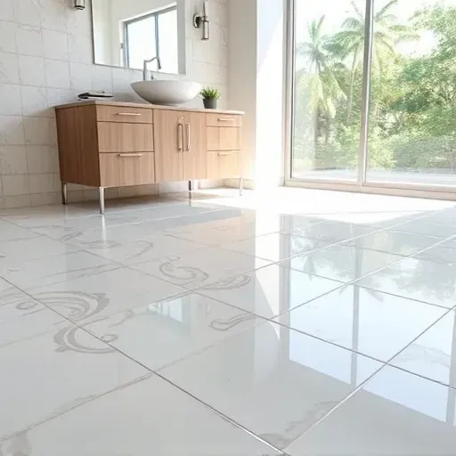 Beautiful bathroom floor with glossy ceramic tiles, seamless grout, modern vanity, and natural sunlight in Jupiter, FL.