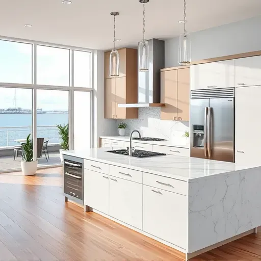 Modern Admirals Cove kitchen with sleek cabinetry, marble counters, stainless appliances, hardwood floors, and waterfront view.
