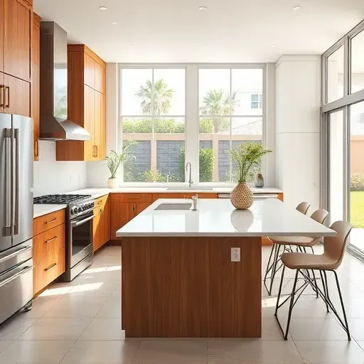 Renovated Wellington, FL kitchen with modern wood cabinetry, stainless appliances, marble island, natural light, and backyard view.