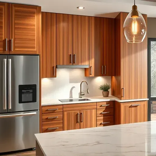 Refinished warm-toned wooden kitchen cabinets with sleek hardware, sleek glossy finish, marble countertop, stainless appliances.