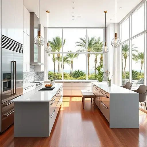 Renovated Royal Palm Beach kitchen with modern matte cabinetry, stainless steel appliances, quartz countertops, and tropical outdoor views.