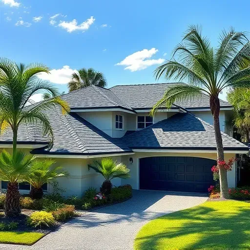Recently completed dark gray shingle roof in Jupiter, FL, surrounded by lush tropical landscaping and a sunny blue sky.