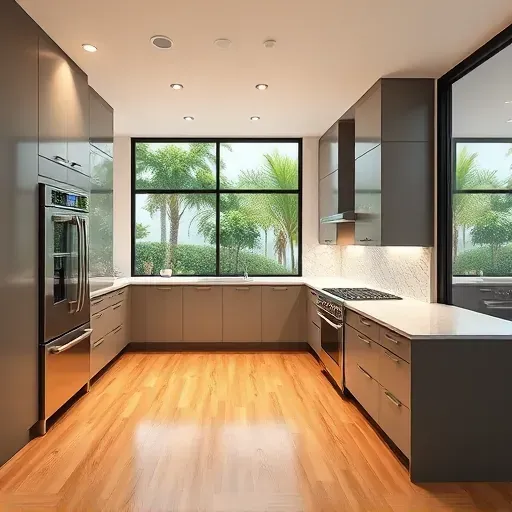 A modern Jupiter, FL kitchen features quartz countertops, hardwood floors, custom cabinetry, and natural light, showcasing elegance.