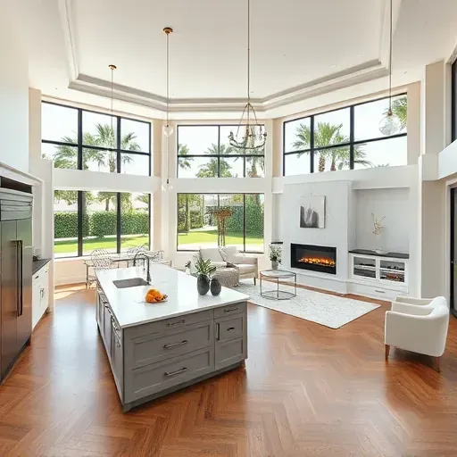 Elegant Whole-Home Remodeling in Royal Palm Beach, featuring a sunlit living space, modern kitchen, and lush landscape.