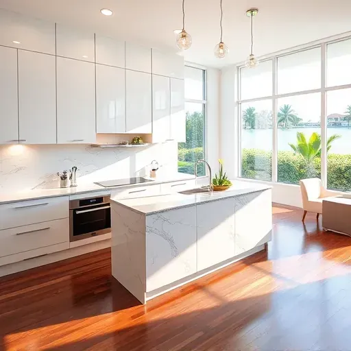 Remodeled Gulf Stream kitchen featuring modern cabinetry, marble countertops, sleek appliances, and lush coastal views.