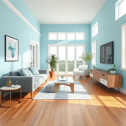 Beautiful light blue living room in Jupiter, FL with wooden floors, modern furniture, coastal accents, and natural daylight.