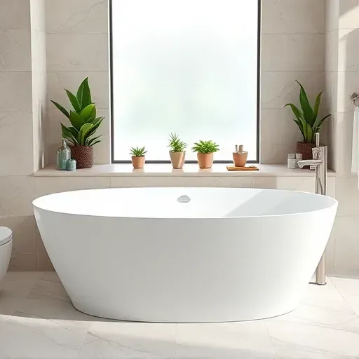 Recently replaced sleek modern bathtub in Jupiter, FL bathroom with natural stone tiles, brushed nickel fixtures, and bright natural light.