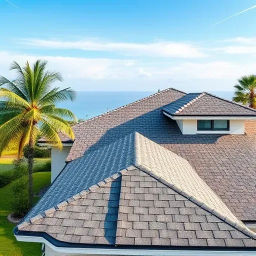 Newly installed asphalt shingle roof on a Jupiter, FL home, featuring detailed textures, neat ridges, and tropical landscaping.