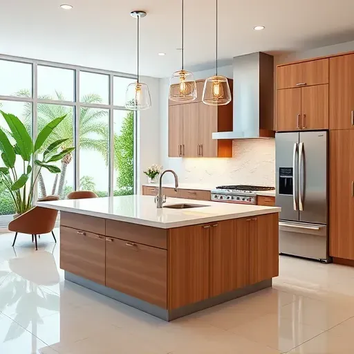 Modern Abacoa kitchen with wood cabinets, stainless appliances, quartz island, neutral tones, natural light, tropical views.
