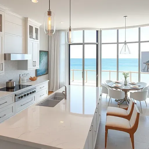 Beautiful renovated Ocean Ridge, FL kitchen with quartz counters, custom light cabinetry, coastal decor, and ocean views.