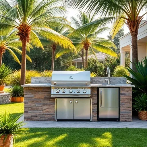 Beautiful outdoor kitchen in a Florida garden with stainless steel appliances, granite counters, tropical landscape, and lush greenery.