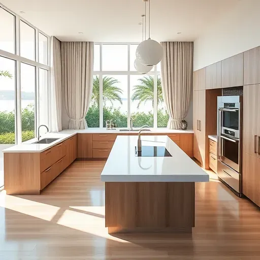 Newly remodeled Jupiter kitchen with modern cabinetry, quartz island, stainless appliances, and natural light from large windows.