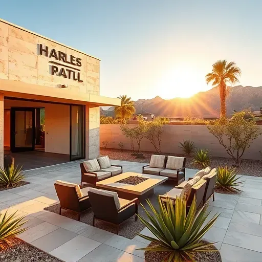 Modern home remodeling in Palm Springs with natural stone, large windows, outdoor patio, and San Jacinto Mountains.