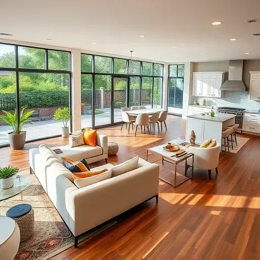 Whole-home remodeling in Boynton Beach features a modern living space with stylish furnishings, natural light, and a chic dining area.