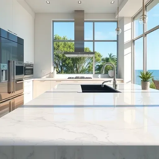 Pristine marble kitchen countertop in Jupiter, FL, with sleek veining, polished finish, in a modern, bright, organized kitchen.