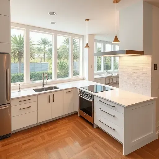Renovated Palm Beach kitchen with sleek cabinetry, quartz countertops, subway tile backsplash, hardwood floors, and natural light.